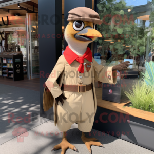 Tan Woodpecker mascot costume character dressed with a Culottes and Suspenders