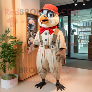 Tan Woodpecker mascot costume character dressed with a Culottes and Suspenders