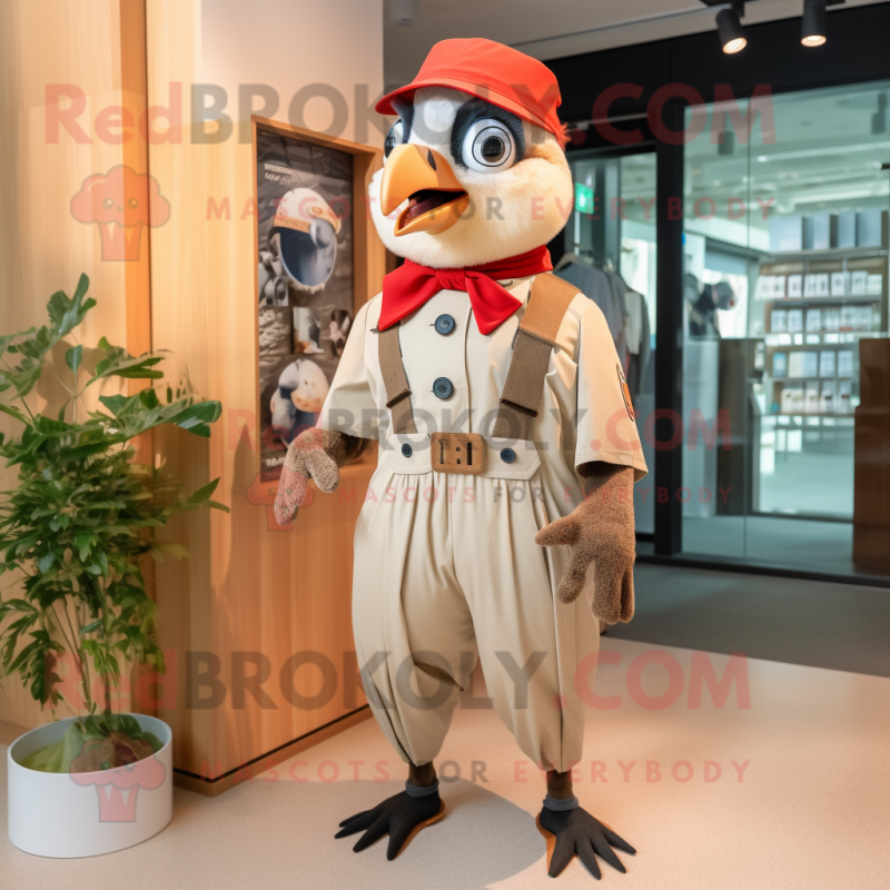 Tan Woodpecker mascot costume character dressed with a Culottes and Suspenders