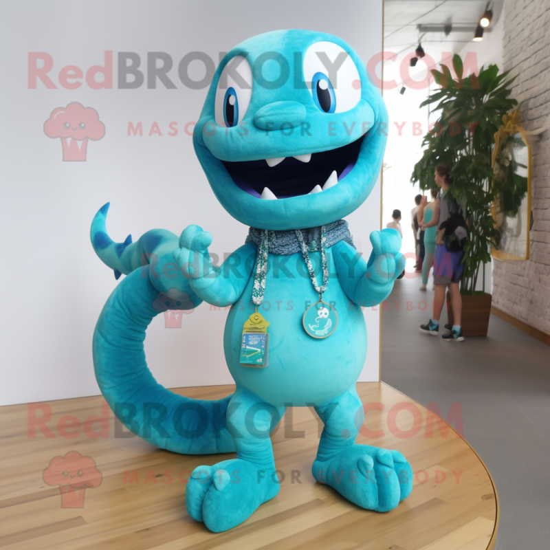 Turquoise Hydra mascot costume character dressed with a Boyfriend Jeans and Necklaces