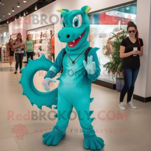 Turquoise Hydra mascot costume character dressed with a Boyfriend Jeans and Necklaces