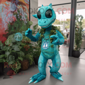 Turquoise Hydra mascot costume character dressed with a Boyfriend Jeans and Necklaces