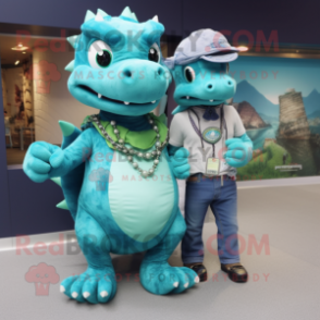 Turquoise Hydra mascot costume character dressed with a Boyfriend Jeans and Necklaces