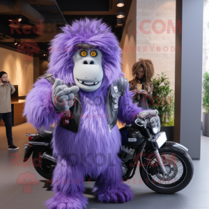 Lavender Sasquatch mascot costume character dressed with a Biker Jacket and Coin purses