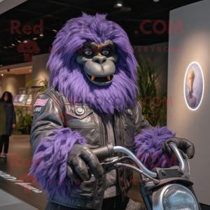 Lavender Sasquatch mascot costume character dressed with a Biker Jacket and Coin purses