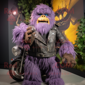 Lavender Sasquatch mascot costume character dressed with a Biker Jacket and Coin purses