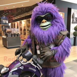 Lavender Sasquatch mascot costume character dressed with a Biker Jacket and Coin purses