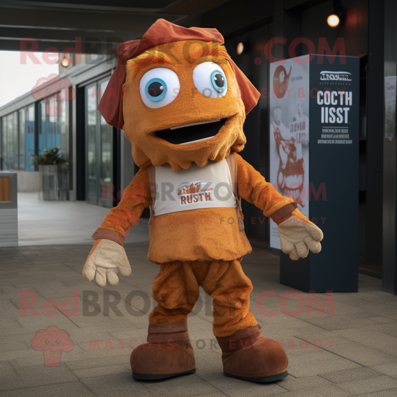 Rust Fish And Chips mascot costume character dressed with a Cargo Pants and Mittens Rust Fish And Chips mascot costume character dressed with a Cargo Pants and Mittens