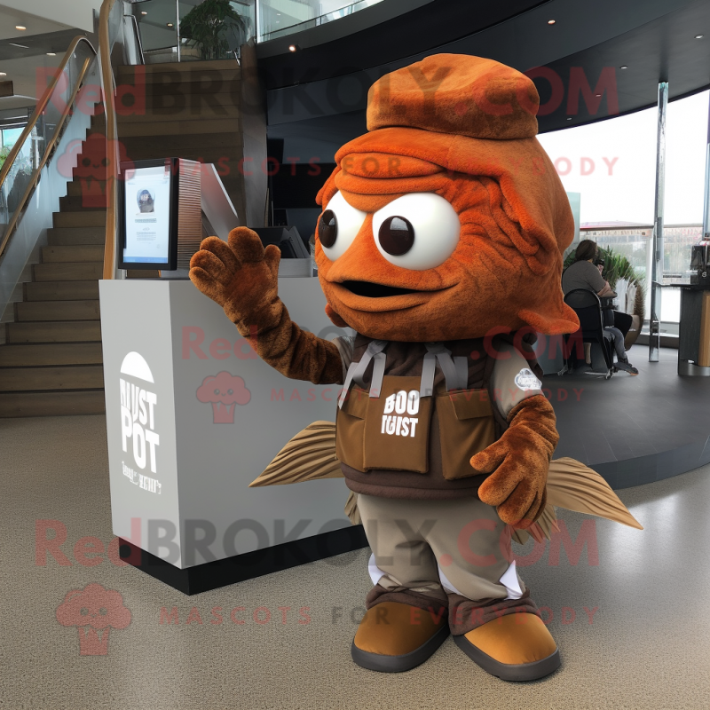 Rust Fish And Chips mascot costume character dressed with a Cargo Pants and Mittens