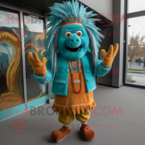 Turquoise Chief mascot costume character dressed with a Corduroy Pants and Hair clips