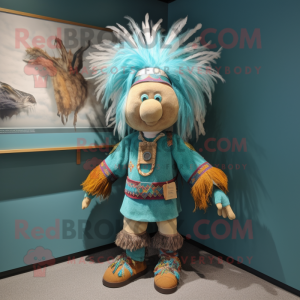 Turquoise Chief mascot costume character dressed with a Corduroy Pants and Hair clips