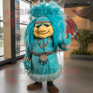Turquoise Chief mascot costume character dressed with a Corduroy Pants and Hair clips