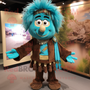 Turquoise Chief mascot costume character dressed with a Corduroy Pants and Hair clips