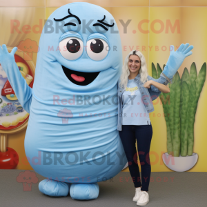 Sky Blue Pesto Pasta mascot costume character dressed with a Mom Jeans and Rings