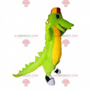 Mascote crocodilo verde e amarelo com boné - Redbrokoly.com