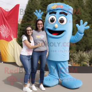 Sky Blue Pesto Pasta mascot costume character dressed with a Mom Jeans and Rings