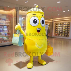 Lemon Yellow Hourglass mascot costume character dressed with a Shorts and Tote bags