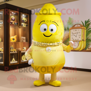 Lemon Yellow Hourglass mascot costume character dressed with a Shorts and Tote bags