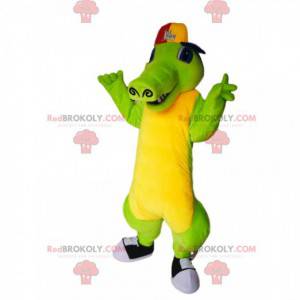 Mascotte de crocodile vert et jaune avec une casquette -