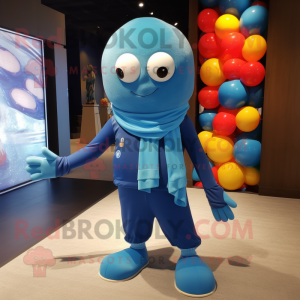Blue Juggle mascot costume character dressed with a Rash Guard and Scarf clips