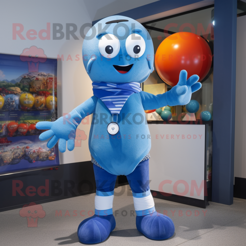 Blue Juggle mascot costume character dressed with a Rash Guard and Scarf clips