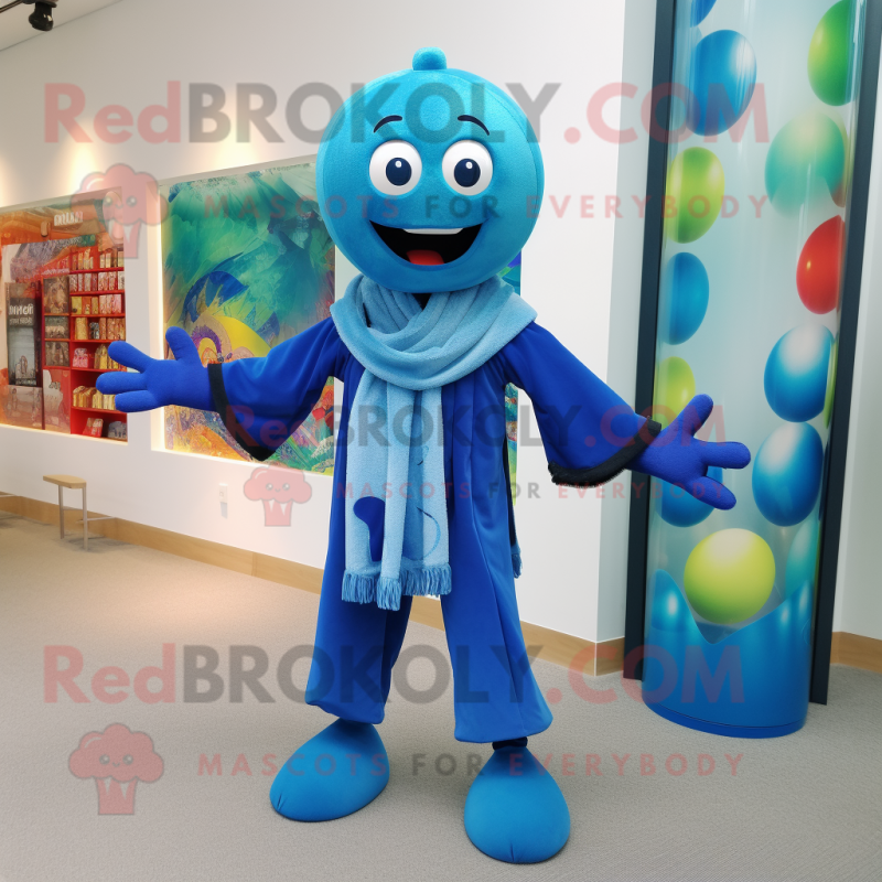Blue Juggle mascot costume character dressed with a Rash Guard and Scarf clips Blue Juggle mascot costume character dressed with a Rash Guard and Scarf clips