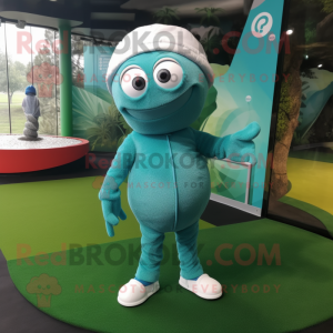 Teal Golf Ball mascot costume character dressed with a Playsuit and Wraps