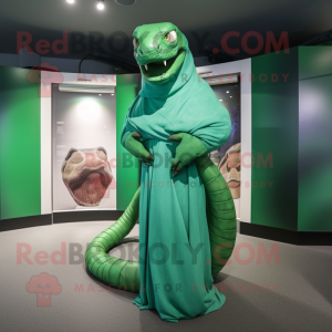 Green Titanoboa mascot costume character dressed with a Wrap Dress and Cufflinks