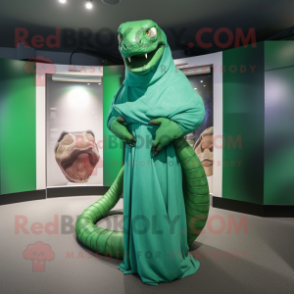 Green Titanoboa mascot costume character dressed with a Wrap Dress and Cufflinks