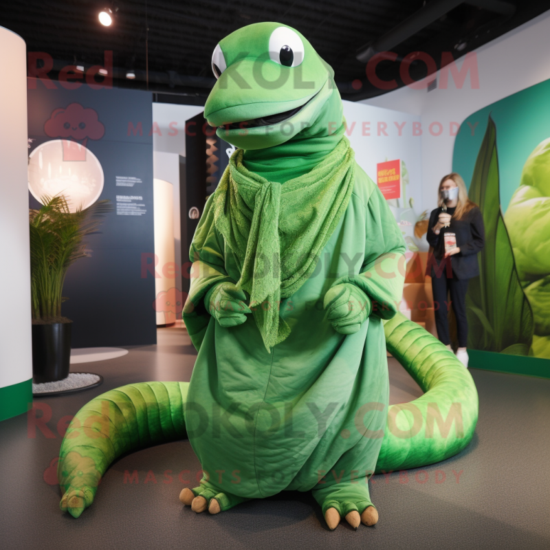 Green Titanoboa mascot costume character dressed with a Wrap Dress and Cufflinks