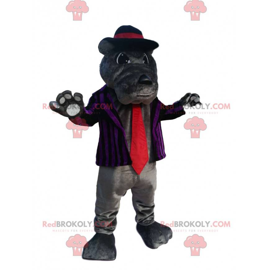 Mascota bulldog gris con chaqueta a rayas y corbata roja -
