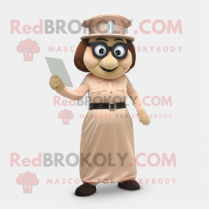 Tan Police Officer mascot costume character dressed with a Ball Gown and Reading glasses