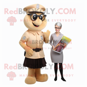 Tan Police Officer mascot costume character dressed with a Ball Gown and Reading glasses