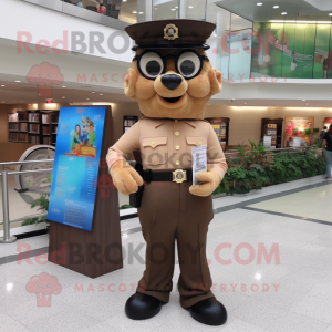 Tan Police Officer mascot costume character dressed with a Ball Gown and Reading glasses