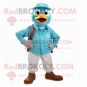 Cyan Quail mascot costume character dressed with a Button-Up Shirt and Anklets