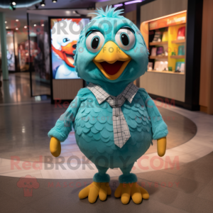 Cyan Quail mascot costume character dressed with a Button-Up Shirt and Anklets