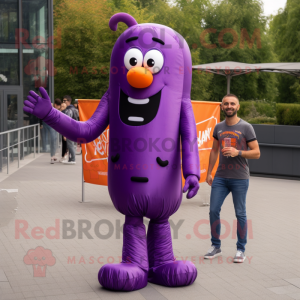 Purple Currywurst mascot costume character dressed with a Skinny Jeans and Shoe laces