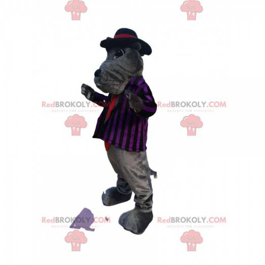 Graues Bulldog-Maskottchen mit gestreifter Jacke und roter