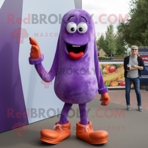Purple Currywurst mascot costume character dressed with a Skinny Jeans and Shoe laces