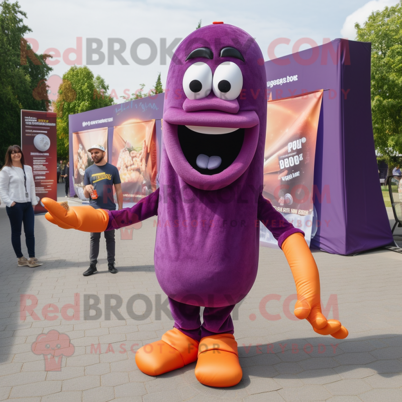 Purple Currywurst mascot costume character dressed with a Skinny Jeans and Shoe laces