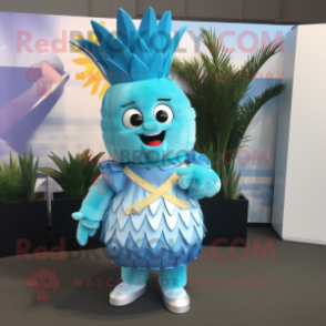 Sky Blue Pineapple mascot costume character dressed with a A-Line Skirt and Belts