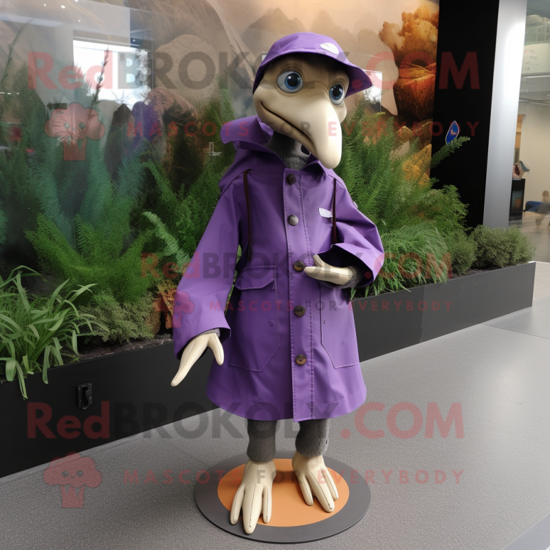 Purple Pterodactyl mascot costume character dressed with a Parka and Shoe clips