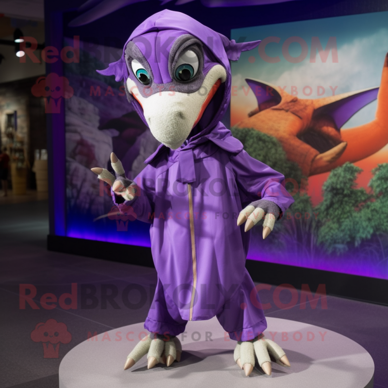 Purple Pterodactyl mascot costume character dressed with a Parka and Shoe clips Purple Pterodactyl mascot costume character dressed with a Parka and Shoe clips