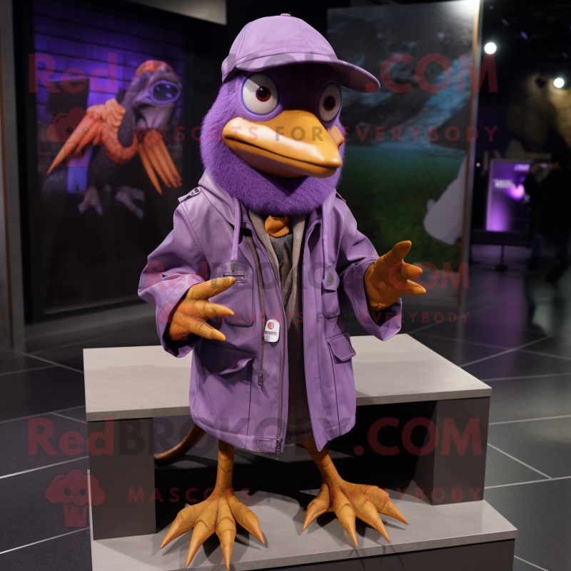 Purple Pterodactyl mascot costume character dressed with a Parka and Shoe clips Purple Pterodactyl mascot costume character dressed with a Parka and Shoe clips
