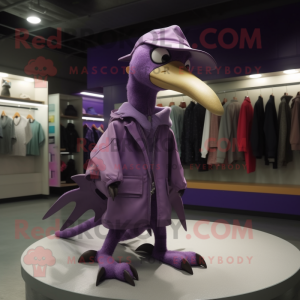 Purple Pterodactyl mascot costume character dressed with a Parka and Shoe clips