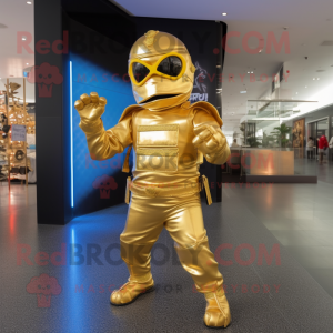 Gold Ninja mascot costume character dressed with a Turtleneck and Clutch bags