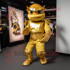 Gold Ninja mascot costume character dressed with a Turtleneck and Clutch bags