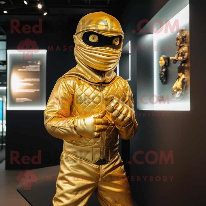 Gold Ninja mascot costume character dressed with a Turtleneck and Clutch bags Gold Ninja mascot costume character dressed with a Turtleneck and Clutch bags