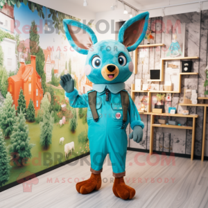 Turquoise Roe Deer mascot costume character dressed with a Overalls and Berets