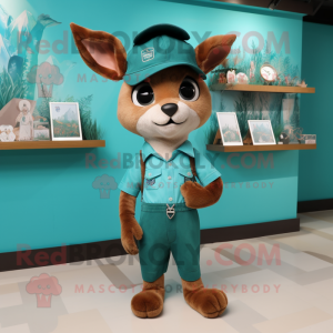 Turquoise Roe Deer mascot costume character dressed with a Overalls and Berets